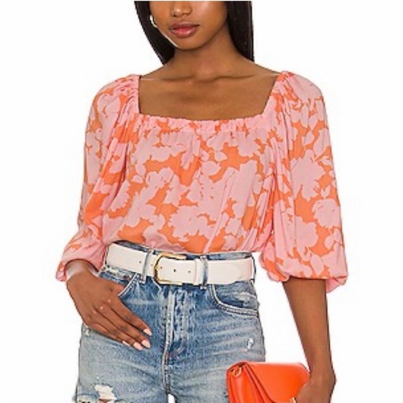 Sanctuary Tops - Sanctuary Square-Neck Elbow-Length Puff Sleeve Rayon Top XL - floral pink/orange